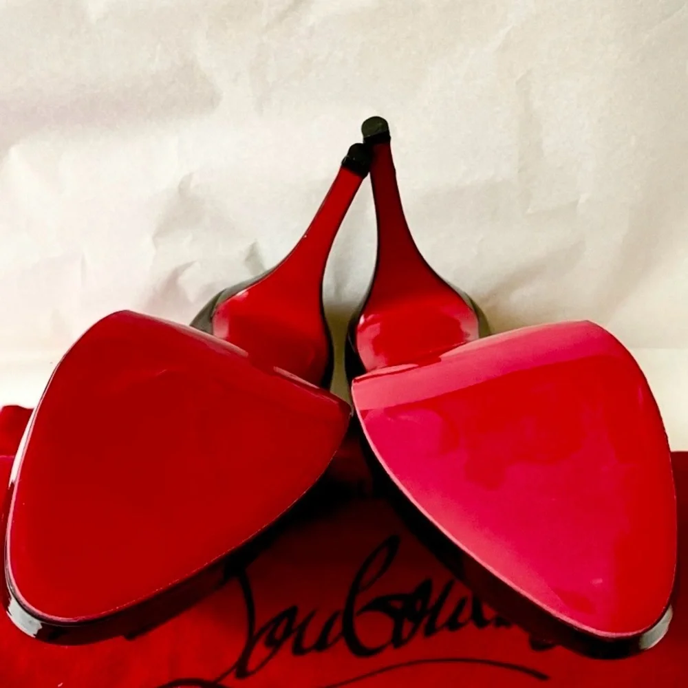 Christian Louboutin caged ankle strap peeptoe pumps. Glossy patent black 38.5